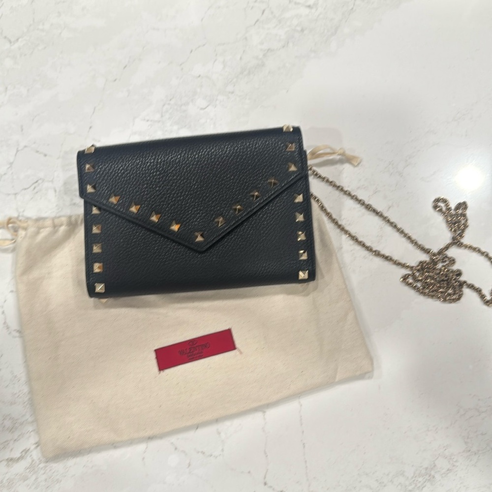Valentino Rockstud V-Flap Leather Wallet on Chain, authentic Valentino handbag.